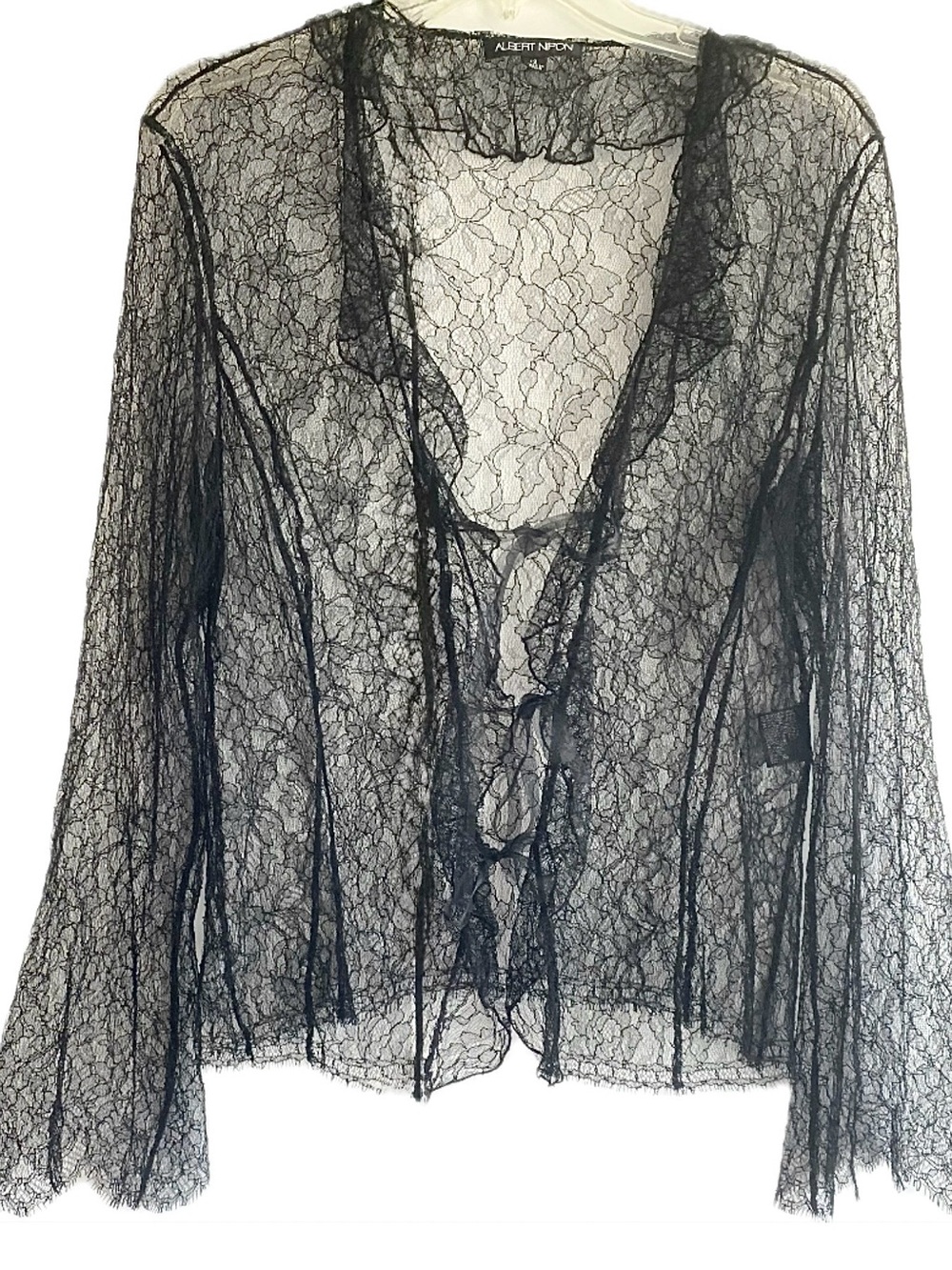 Vintage Albert Nipon Black Lace Bell Sleeve Tie Front Top 12 Whimsigoth Fairy